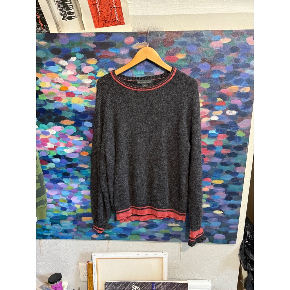 Banana Republic Mens Mohair Blend Sweater Charcoal Grey Coral Pink Stripe Large